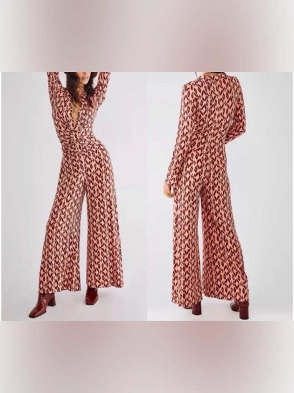 FREE PEOPLE Shayla Ruched Button Front Wide‎ Leg Pink BurgundyS Jumpsuit